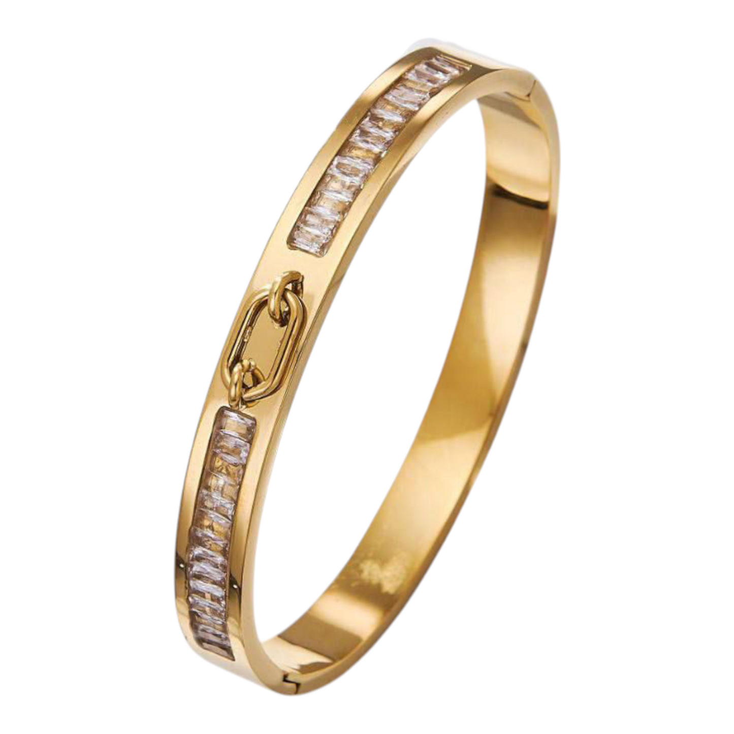Bracelet jonc doré avec strass baguettes et fermoir décoratif