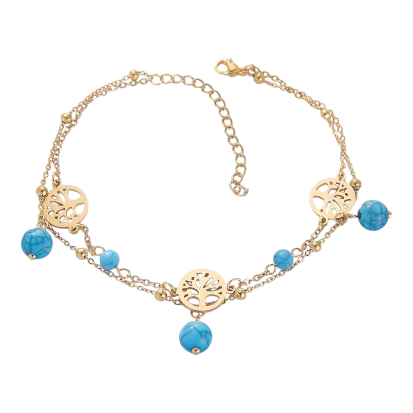 Chevillère dorée Arbre de Vie & perles turquoise