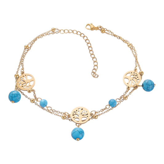 Chevillère dorée Arbre de Vie & perles turquoise